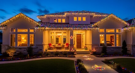 Fototapeta premium Modern residential house lavishly decorated with colorful festive lights during an evening twilight.