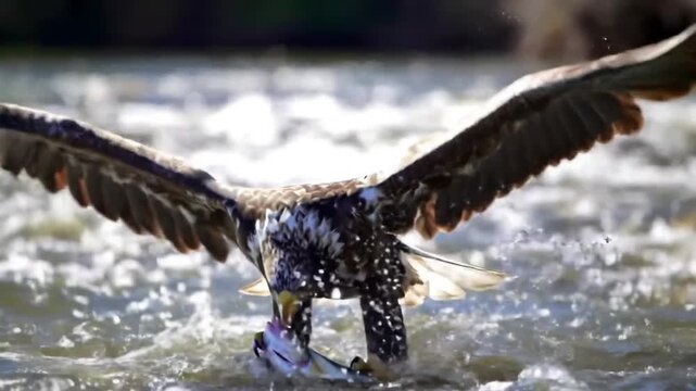 A powerful bald eagle with wings outstretched snatches a fish from the churning river water.