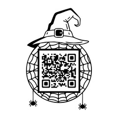 cute round spooky Halloween frame for QR code with spider web and witch hat illustration