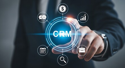 Businessman touching crm icon on virtual screen, representing customer relationship management, data analysis, and business strategy for improved customer satisfaction