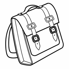 A classic black and white line art illustration of a vintage satchel bag with buckles and a handle perfect for school or travel themes