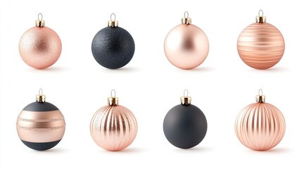 Eight Elegant Christmas Ornaments in Rose Gold and Black