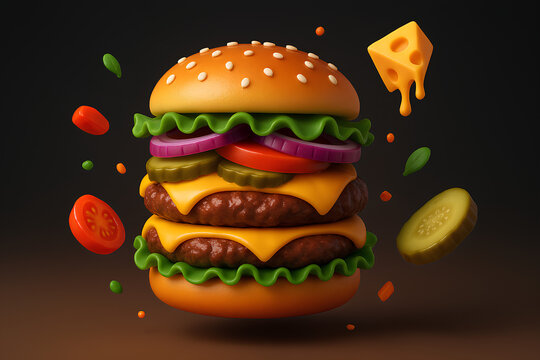 3D Floating Cheeseburger Icon – Stylized Ingredients with Glossy Finish on Dark Background for Food Branding - Powered by Adobe