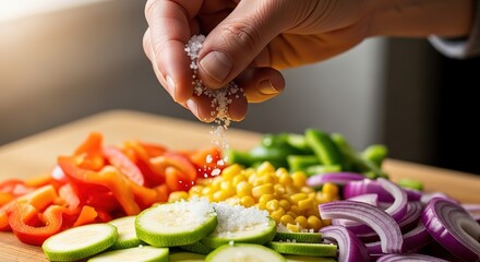 Seasoning fresh chopped vegetables with salt for delicious healthy meal preparation
