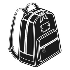 A black and white graphic illustration of a modern backpack with multiple compartments and zippers perfect for school or travel