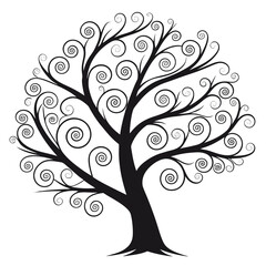Obraz premium Stylized black silhouette of a whimsical tree with swirling branches and spiral leaf like shapes on a clean white background