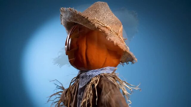 A scarecrow with a pumpkin head wearing a straw hat and a blue striped shirt on blue background