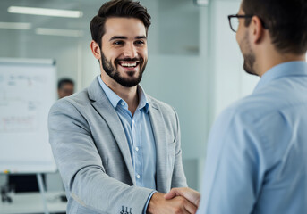 Two Business Professionals Shaking Hands in Modern Office Environment
