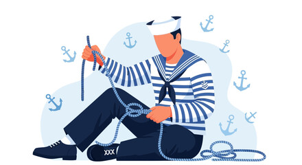 Sailor Demonstrating Knot Tying Skills With Nautical Theme And Seamless Vector.