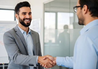 Confident Businessman with Beard Smiling During Handshake Meeting
