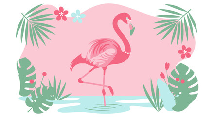 Fototapeta premium Pink Flamingo Amidst Exotic Flora and Fauna in a Serene, Tropical Paradise Scene