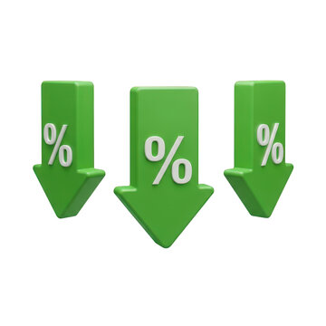 A Group of Three Green Arrows Pointing Downward with Percentage Signs, 3D Rendered on a Transparent Background, Ideal for Illustrating Decreasing Trends