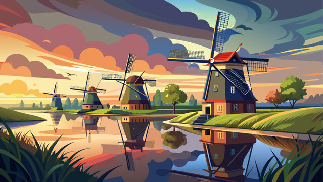 Kinderdijk-Elshout Windmills, Netherlands, a serene polder landscape of historic windmills mirrored in calm canals beneath pastel evening clouds and soft golden light.