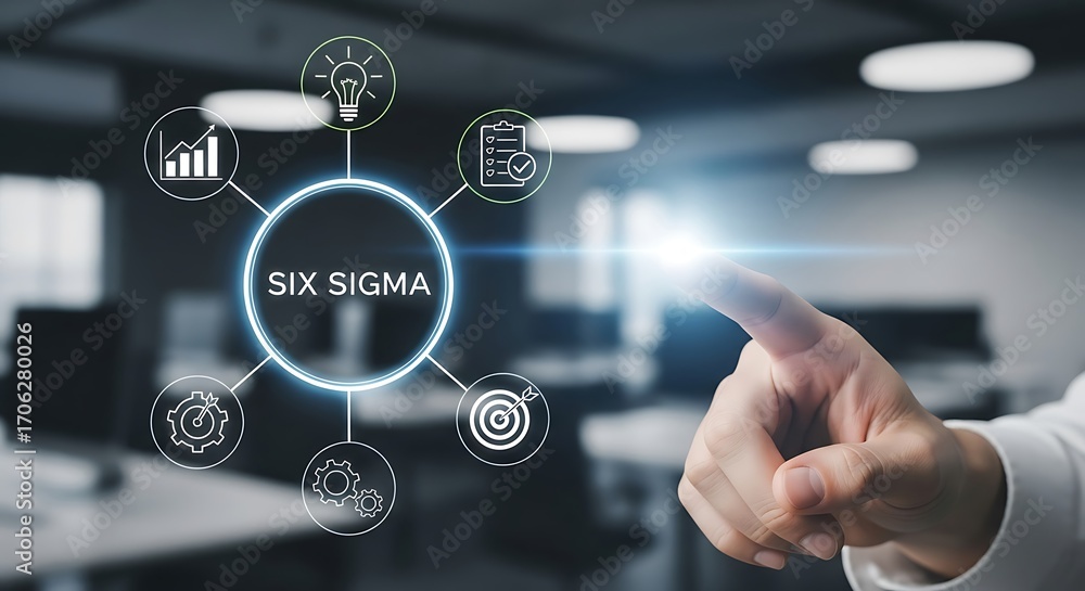 Poster a person is touching the six sigma icon on a virtual screen, illustrating the concept of a quality m