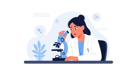 Scientist Examining Samples Through a Microscope Depicting Medical Research Illustration