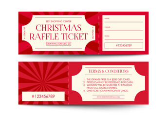 Christmas raffle ticket design. Lottery ticket template with red background. Festive vector raffle ticket template isolated on white background.