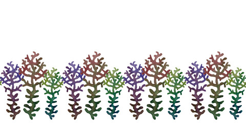 Seamless border of neon tropical corals on white background. Underwater watercolor template for marine design, cards, posters, stickers, scrapbooking, textile, diving, snorkeling