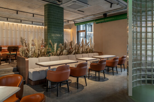 Illuminated modern restaurant with colorful interior elements