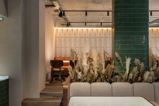 Illuminated modern restaurant with colorful interior elements