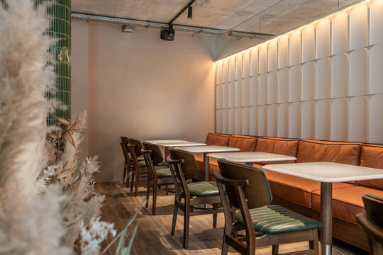 Illuminated modern restaurant with colorful interior elements