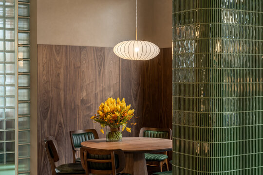 Illuminated modern restaurant with colorful interior elements