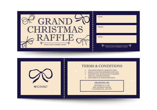 Christmas raffle ticket with whimsical bows. Navy blue and beige raffle ticket template. Vector lottery ticket in vintage style. Lottery ticket isolated on white background.