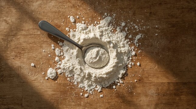 Flour dust pile with a spoon on wooden surface in natural light  