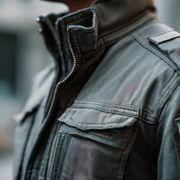 Rugged Dark Green Military Jacket Detail - Zipper, Collar, Pockets, Urban Style.