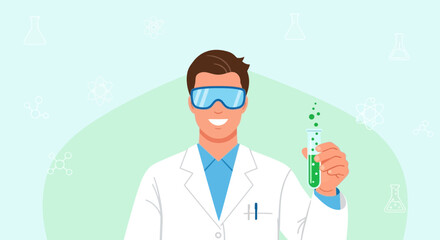 Scientist With Green Liquid In Test Tube, Flat Design For Science And Research