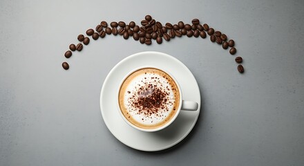 Coffee Cup with Coffee Beans on Gray Background.