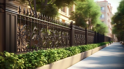 Elegant wrought iron fence with intricate details bordering a serene residential streetscape