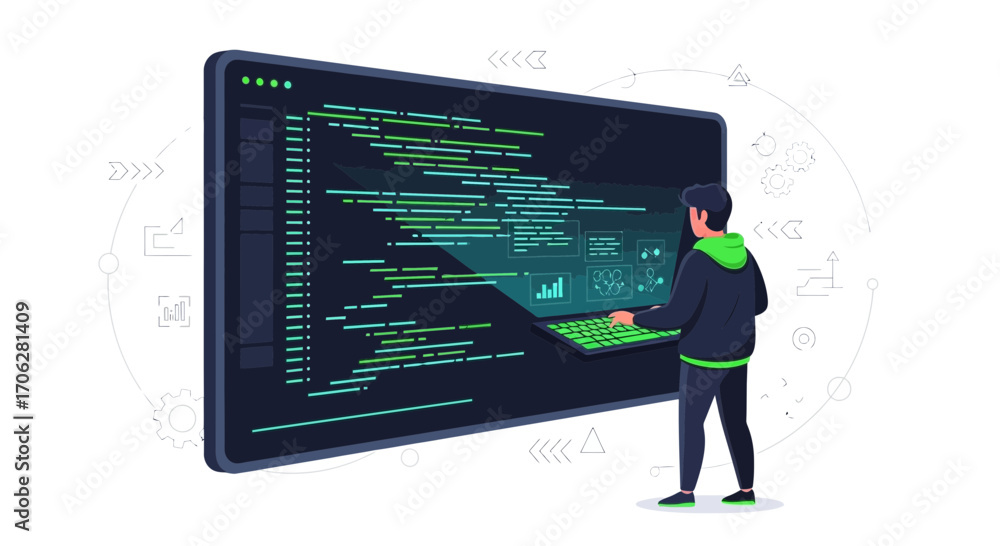 Wall mural programmer working on futuristic interface within an immersive digital environment