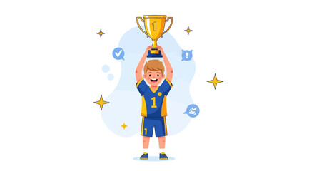 Proud Athlete Celebrates Victory Holding Up Trophy, Illustrating Triumph and Success