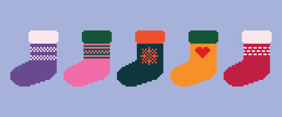 Baby socks. Pixel art socks set. Christmas sock icon in 8-bit style. Isolated vector illustration.