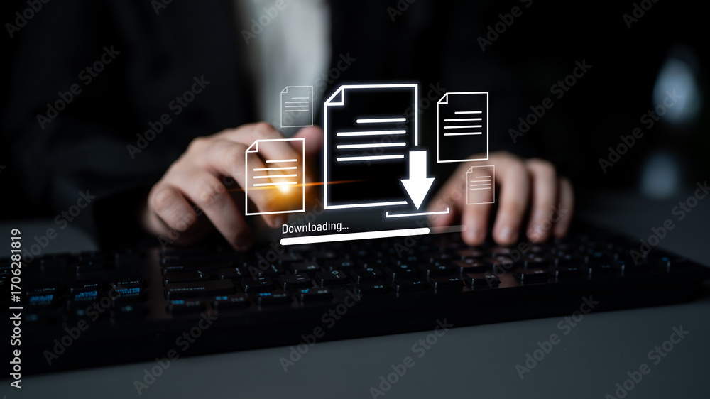 Poster visual representation of digital document downloading, showing file transfer, data access, and progr