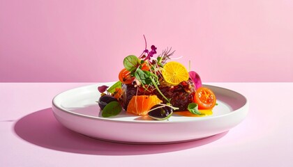 a beautifully plated dish with a piece of dark meat at the center, surrounded by colorful garnishes such as tomatoes, citrus, and microgreens