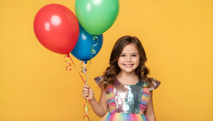 Smiling birthday girl holding balloons on a yellow background