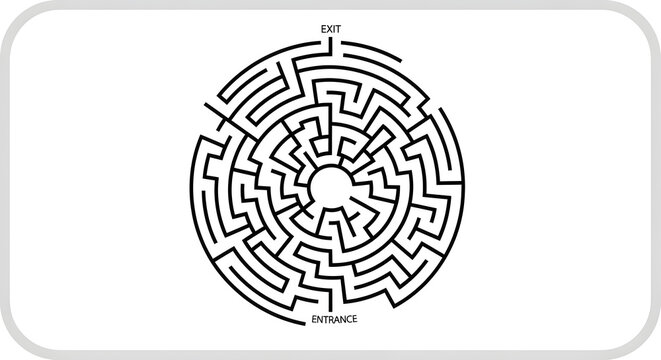 Black and white circular maze with entrance and exit, intricate design.