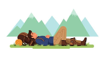 Naklejka premium Relaxed Hiker Resting On Grass Against Mountains In A Peaceful Landscape
