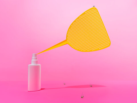 Insect spray bottle with swatter nozzle on pink gradient.