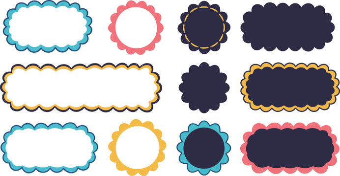 various colorful frames with scalloped edges and blank interiors