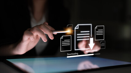 Visual representation of digital document downloading, showing file transfer, data access, and progress status for secure and efficient information retrieval Latch