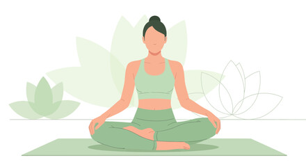 Serene Woman Practices Meditation In Lotus Pose With A Beautiful Light Green Lotus Background