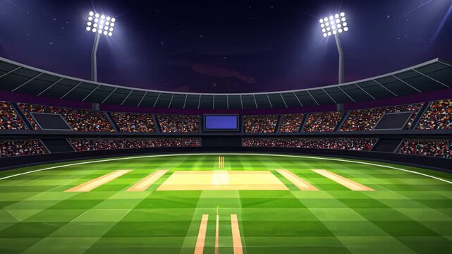 Dynamic nighttime cricket stadium with illuminated field and bright arena lights