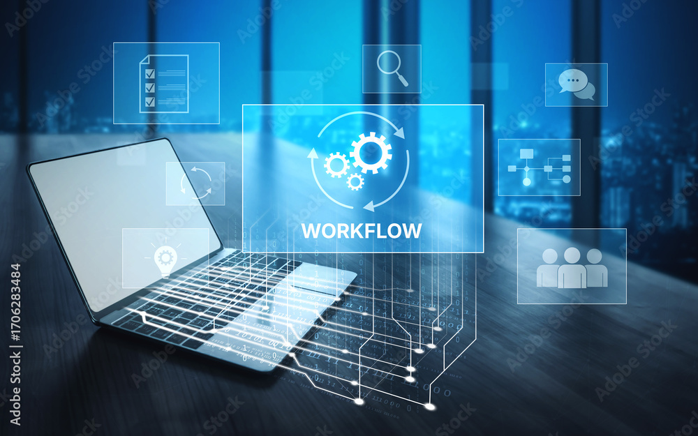 Poster workflow optimization concept featuring interconnected gears, task management, collaboration, proces
