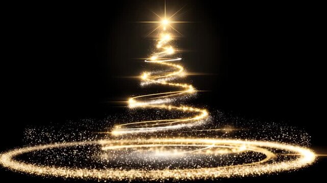A beautiful Christmas tree outline sparkles with golden lights and decorations on black background, setting a joyful mood for the winter holiday season