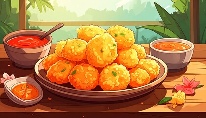 Crispy golden balls served with sauces on a wooden table in a tropical setting