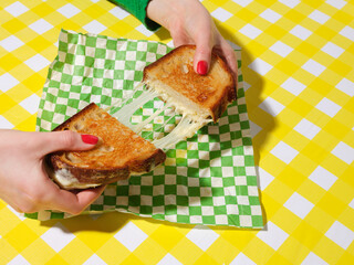 A cheese sandwich been pulled apart over a gingham tablecloth