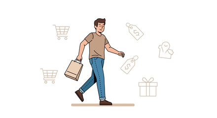Shopping Adventure depiction with a man, cart, gift, labels and retail oriented design