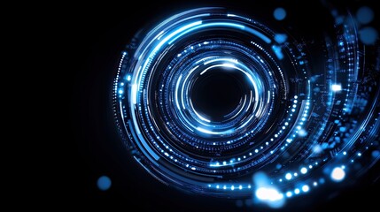 Abstract swirling blue digital light patterns form a vortex